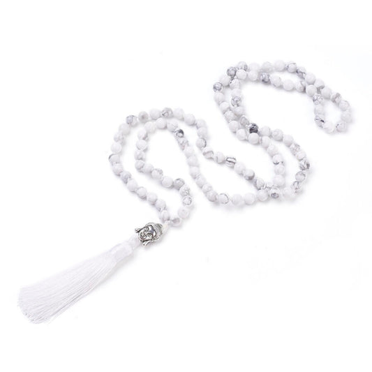 White Howlite Mala with Buddha Head and Tassel