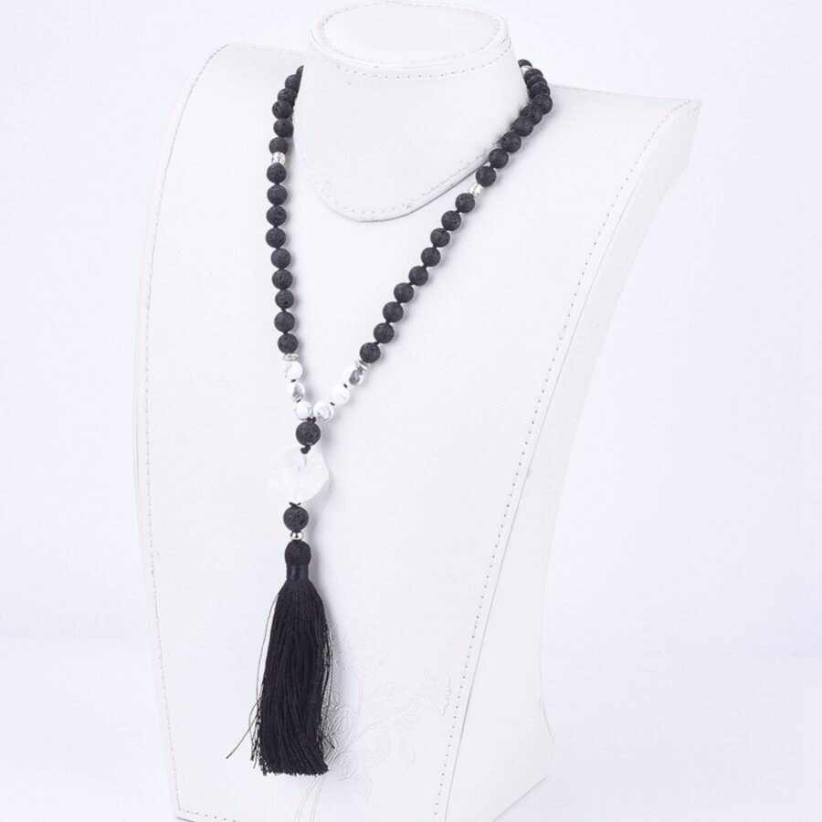 Lava White Howlite Mala with Quartz Crystal