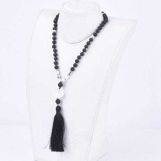 Lava White Howlite Mala with Quartz Crystal