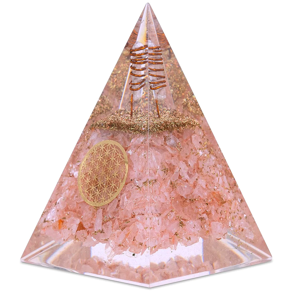 Rose Quartz Nubian Orgonite Pyramid with Clear Quartz Crystal and Copper Coil