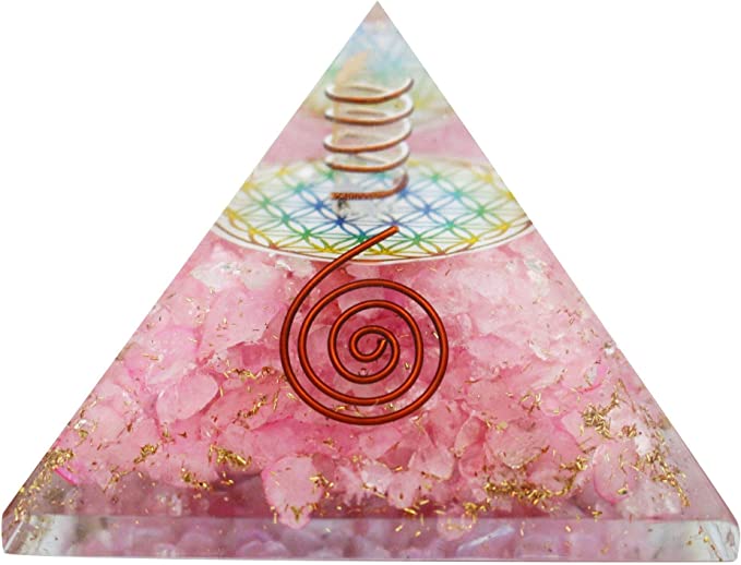 Rose Quartz Orgonite Pyramid with Clear Quartz Crystal and Copper Coil