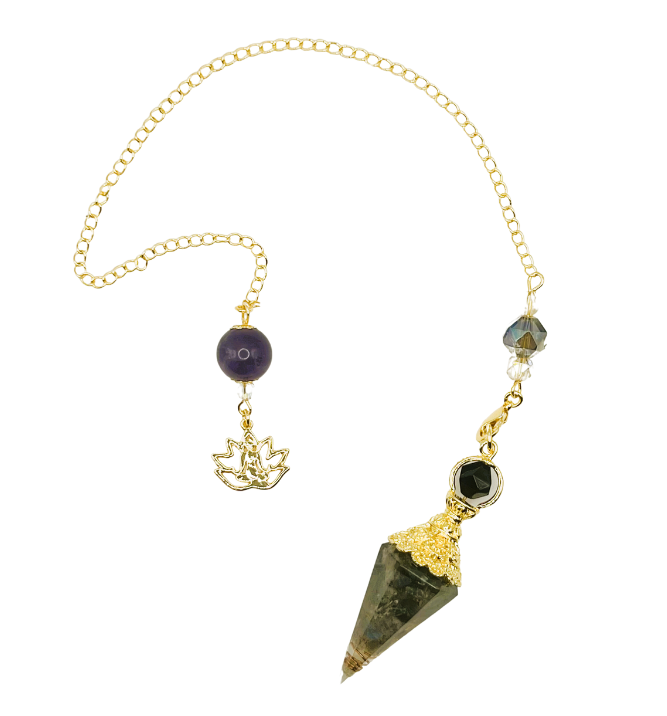 Labradorite Gemstone Pointed Golden Pendulum