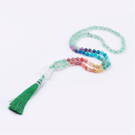 Green Aventurine Mala and Frosted Natural Weathered Agate with Tassel & Quartz Crystal