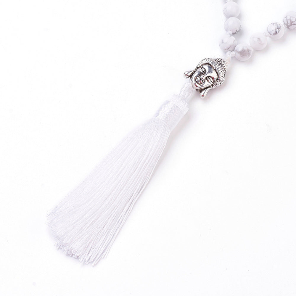 White Howlite Mala with Buddha Head and Tassel