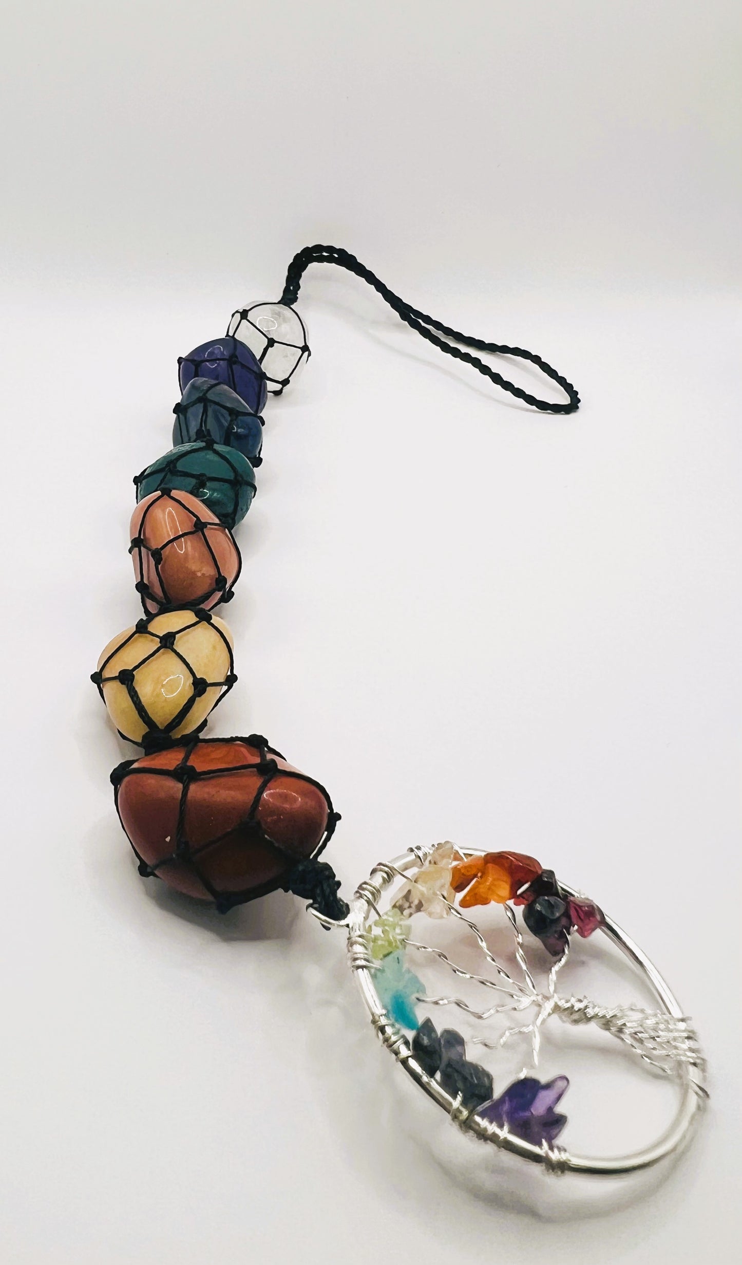 Chakra Natural Gemstone Hanging in Black Thread with Tree of Life