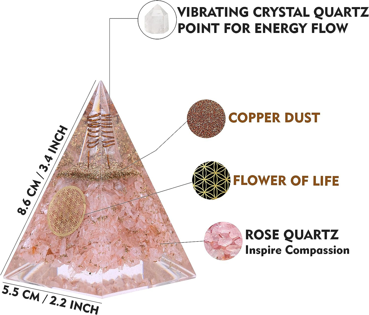 Rose Quartz Nubian Orgonite Pyramid with Clear Quartz Crystal and Copper Coil