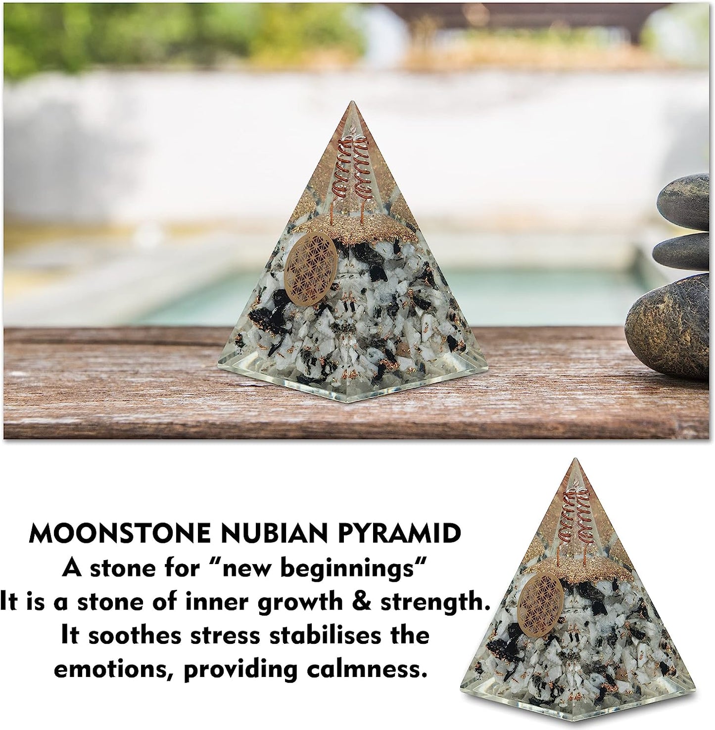 Rainbow Moonstone Nubian Orgonite Pyramid with Clear Quartz Crystal and Copper Coil