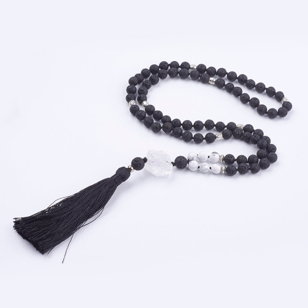 Lava White Howlite Mala with Quartz Crystal