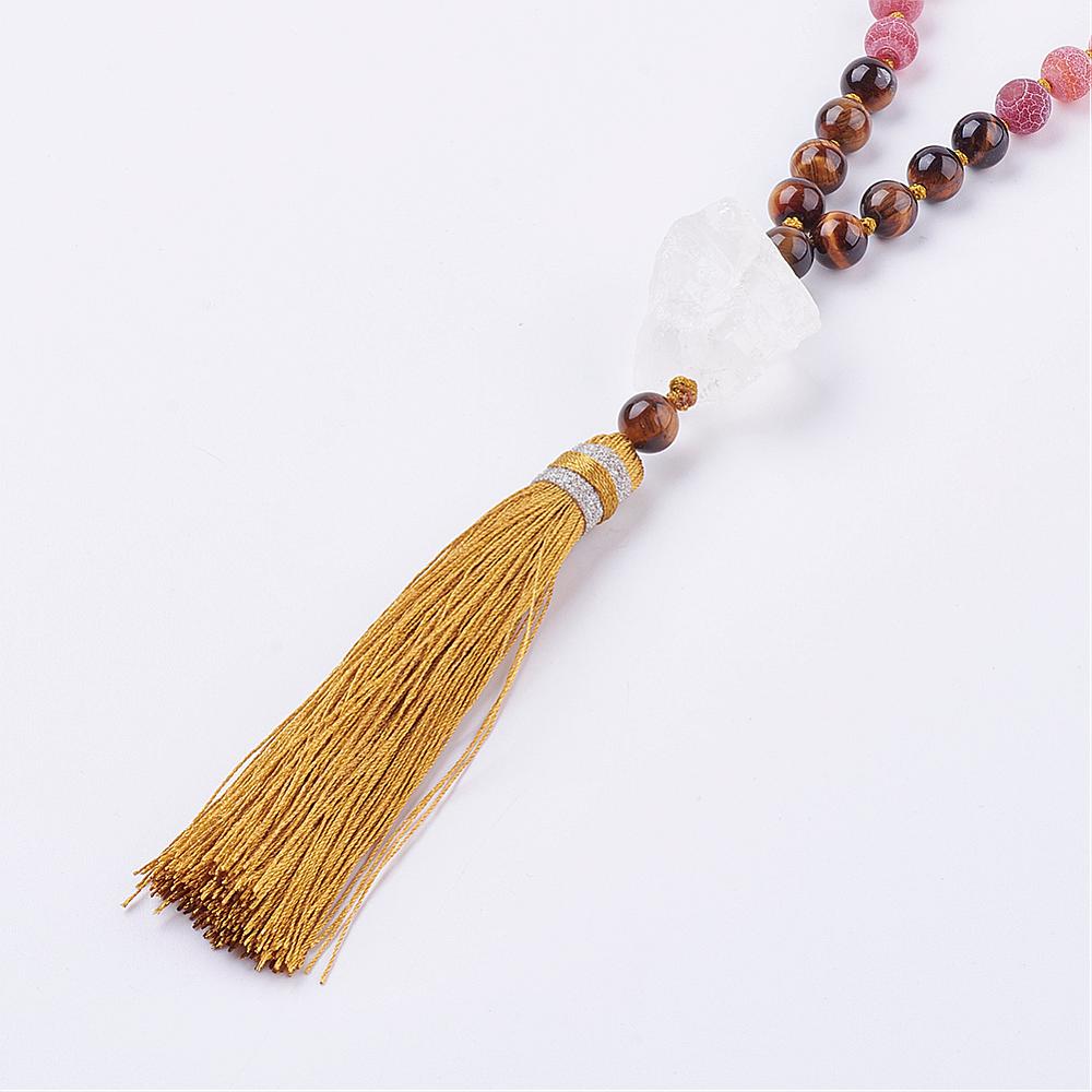 Tigers Eye Mala and Frosted Natural Weathered Agate with Tassel & Quartz Crystal
