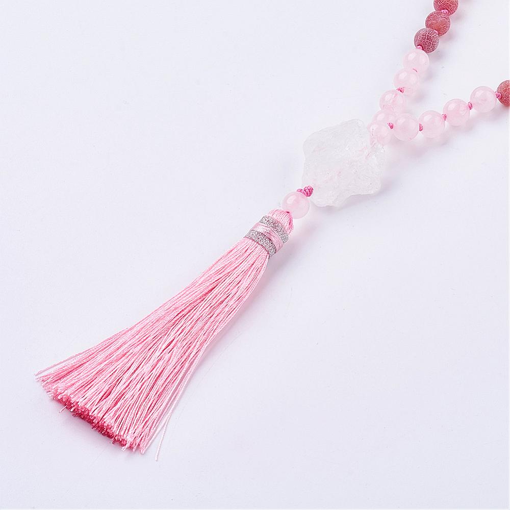 Rose Quartz Mala and Frosted Natural Weathered Agate with Tassel & Quartz Crystal