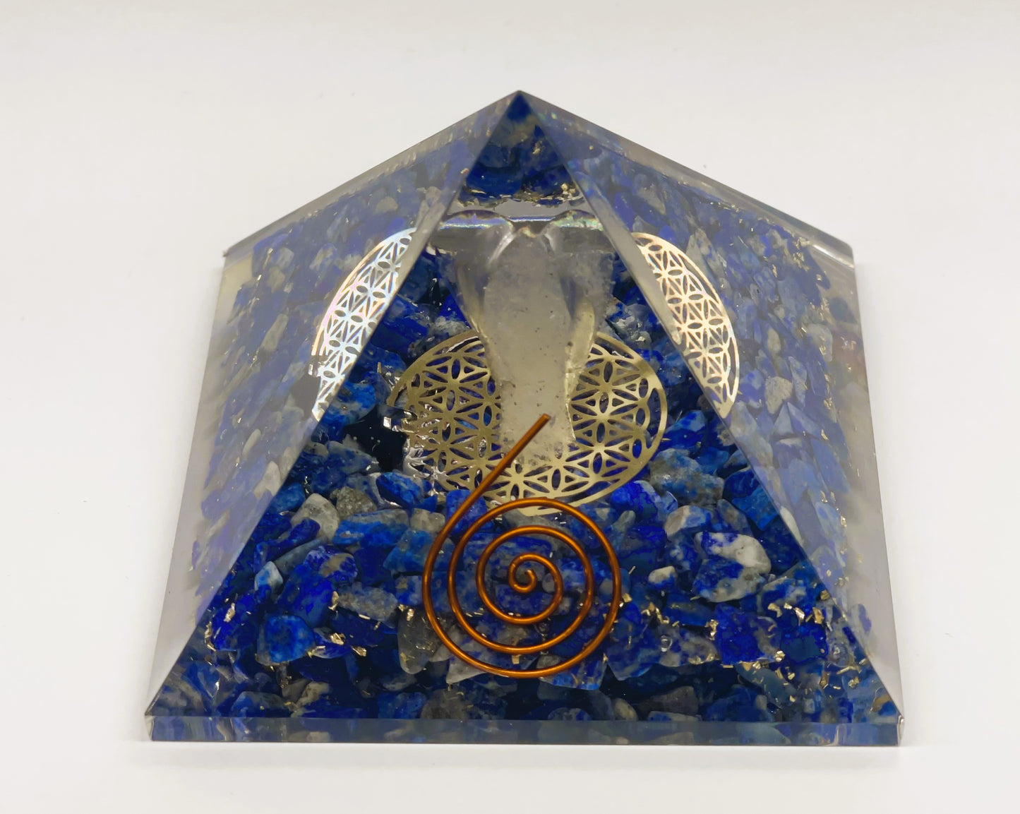 Lapis Orgonite Pyramid with Clear Quartz Crystal Angel and Copper Coil
