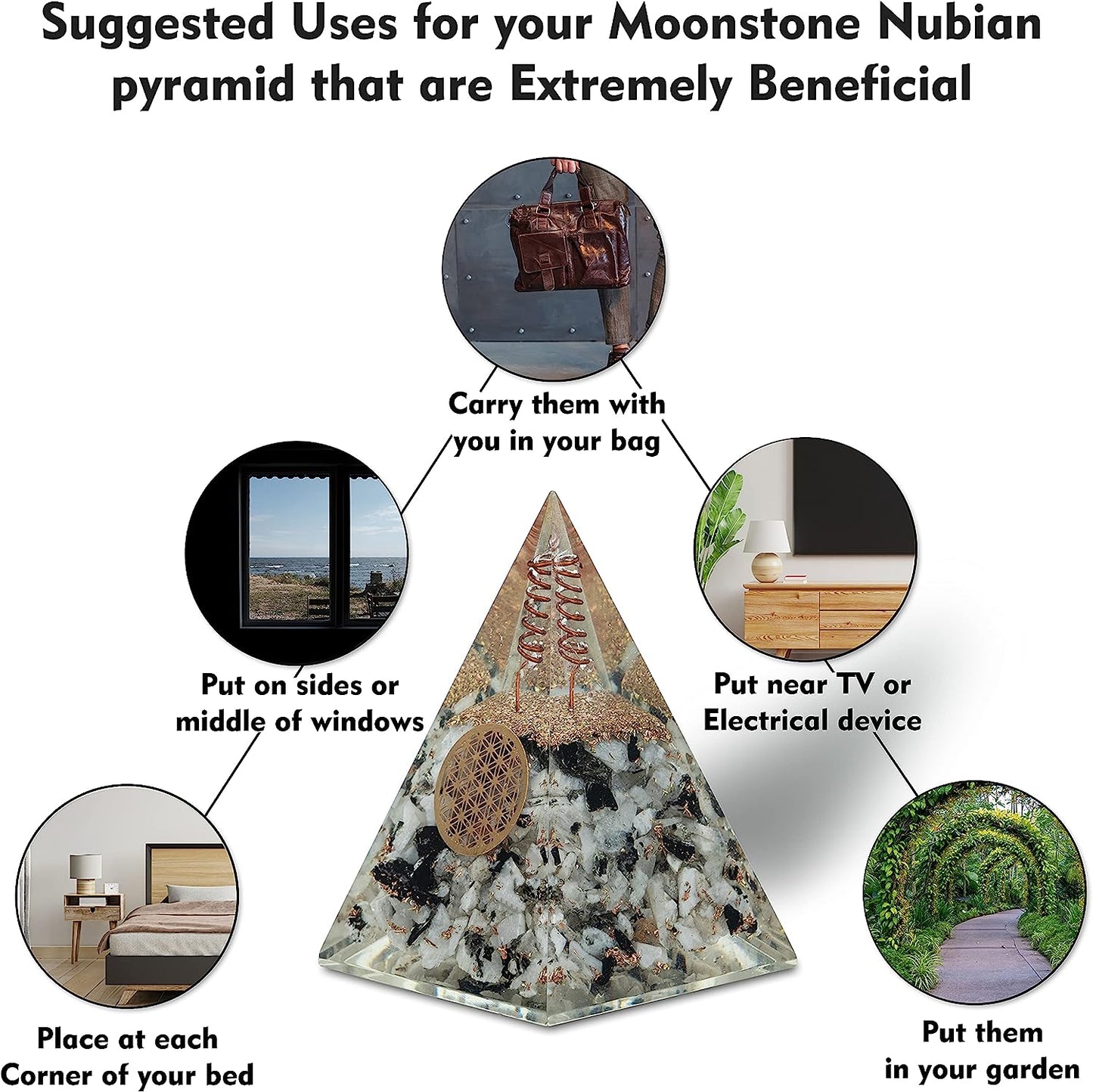 Rainbow Moonstone Nubian Orgonite Pyramid with Clear Quartz Crystal and Copper Coil