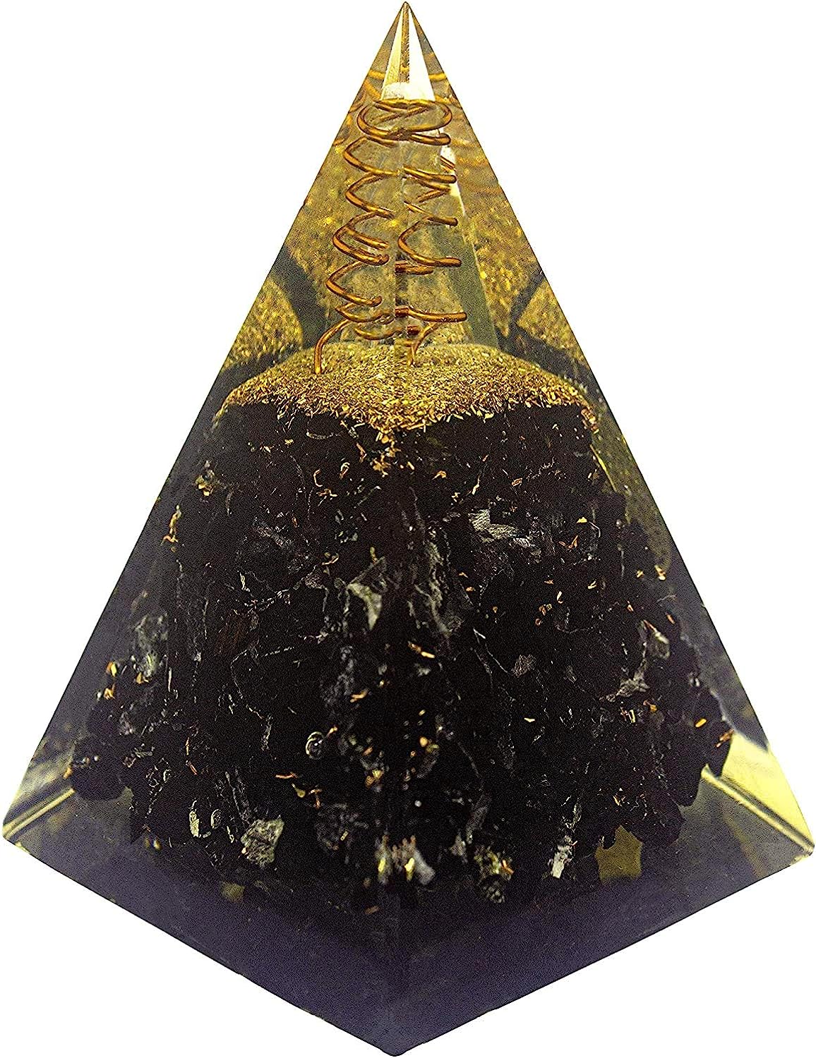 Black Tourmaline Nubian Orgonite Pyramid with Clear Quartz Crystal and Copper Coil