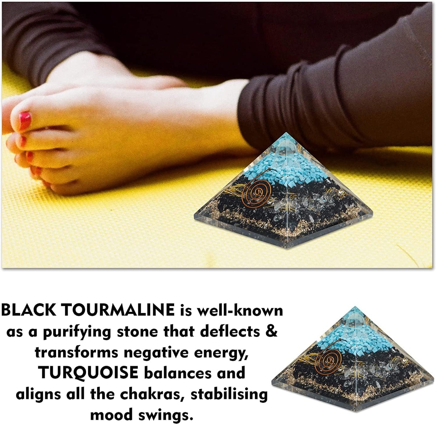 Turquoise Black Tourmaline Orgonite Pyramid with Clear Quartz Crystal and Copper Coil