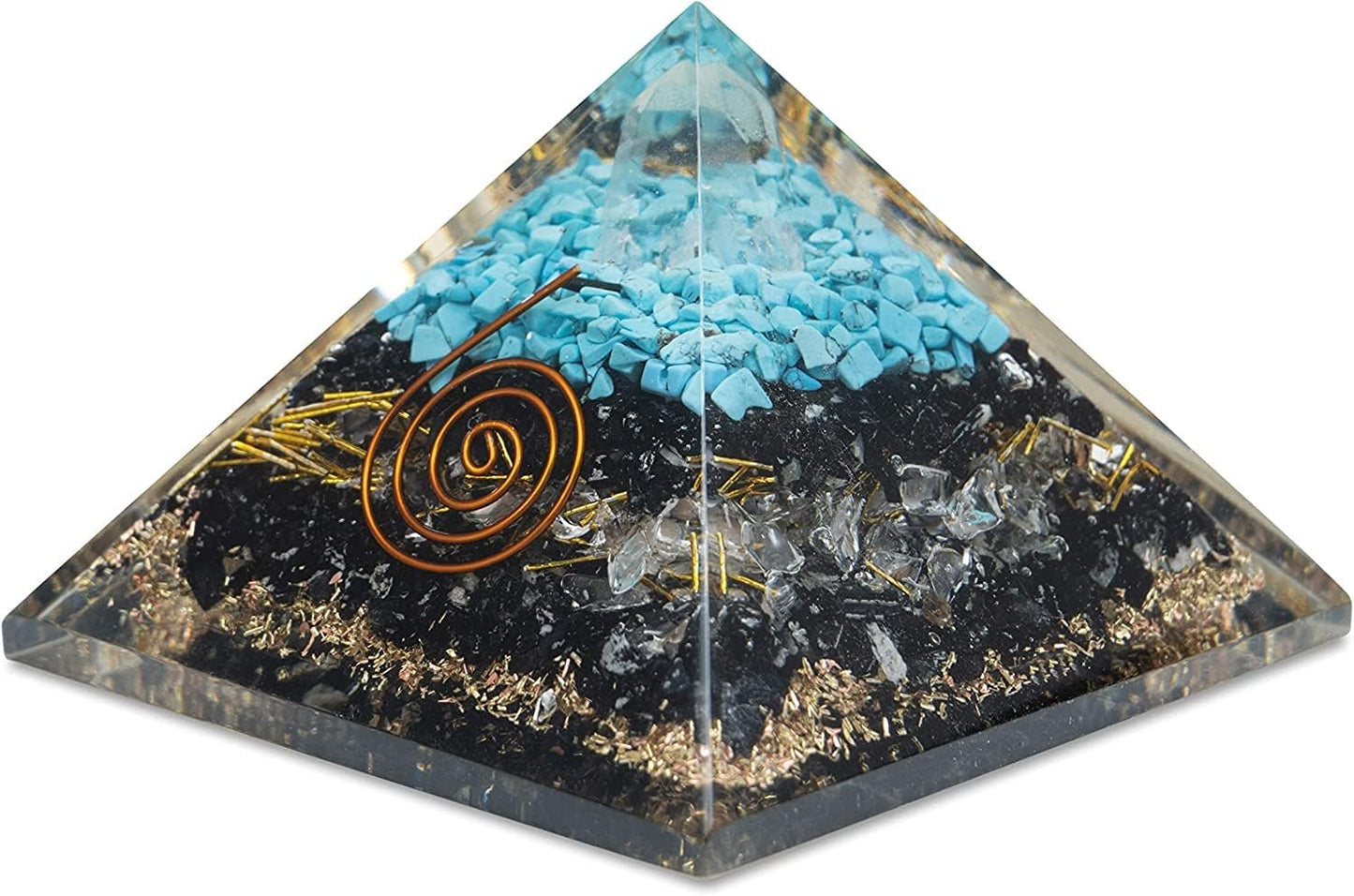 Turquoise Black Tourmaline Orgonite Pyramid with Clear Quartz Crystal and Copper Coil