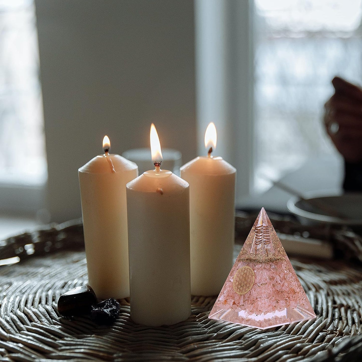 Rose Quartz Nubian Orgonite Pyramid with Clear Quartz Crystal and Copper Coil