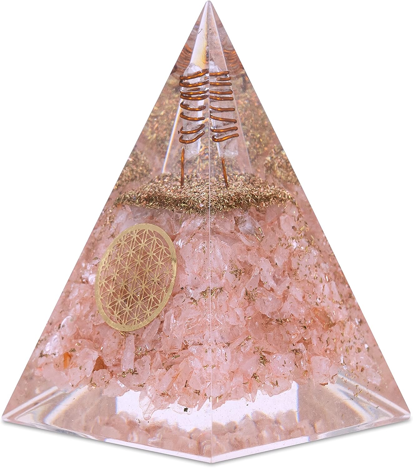 Rose Quartz Nubian Orgonite Pyramid with Clear Quartz Crystal and Copper Coil