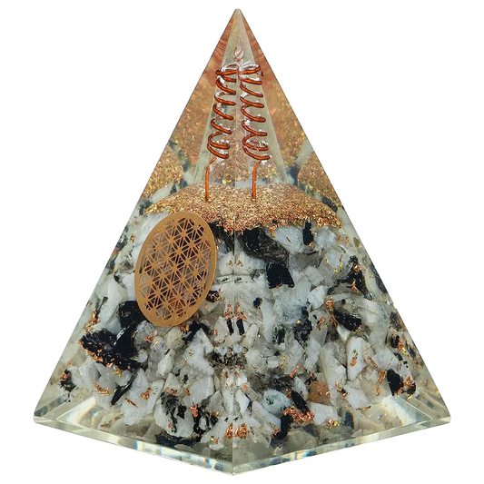 Rainbow Moonstone Nubian Orgonite Pyramid with Clear Quartz Crystal and Copper Coil