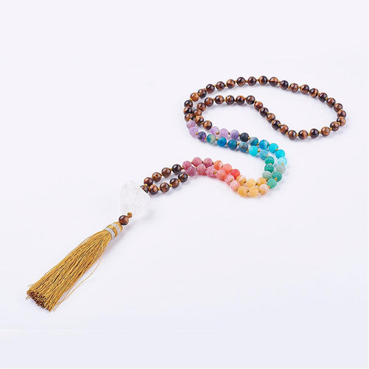 Tigers Eye Mala and Frosted Natural Weathered Agate with Tassel & Quartz Crystal