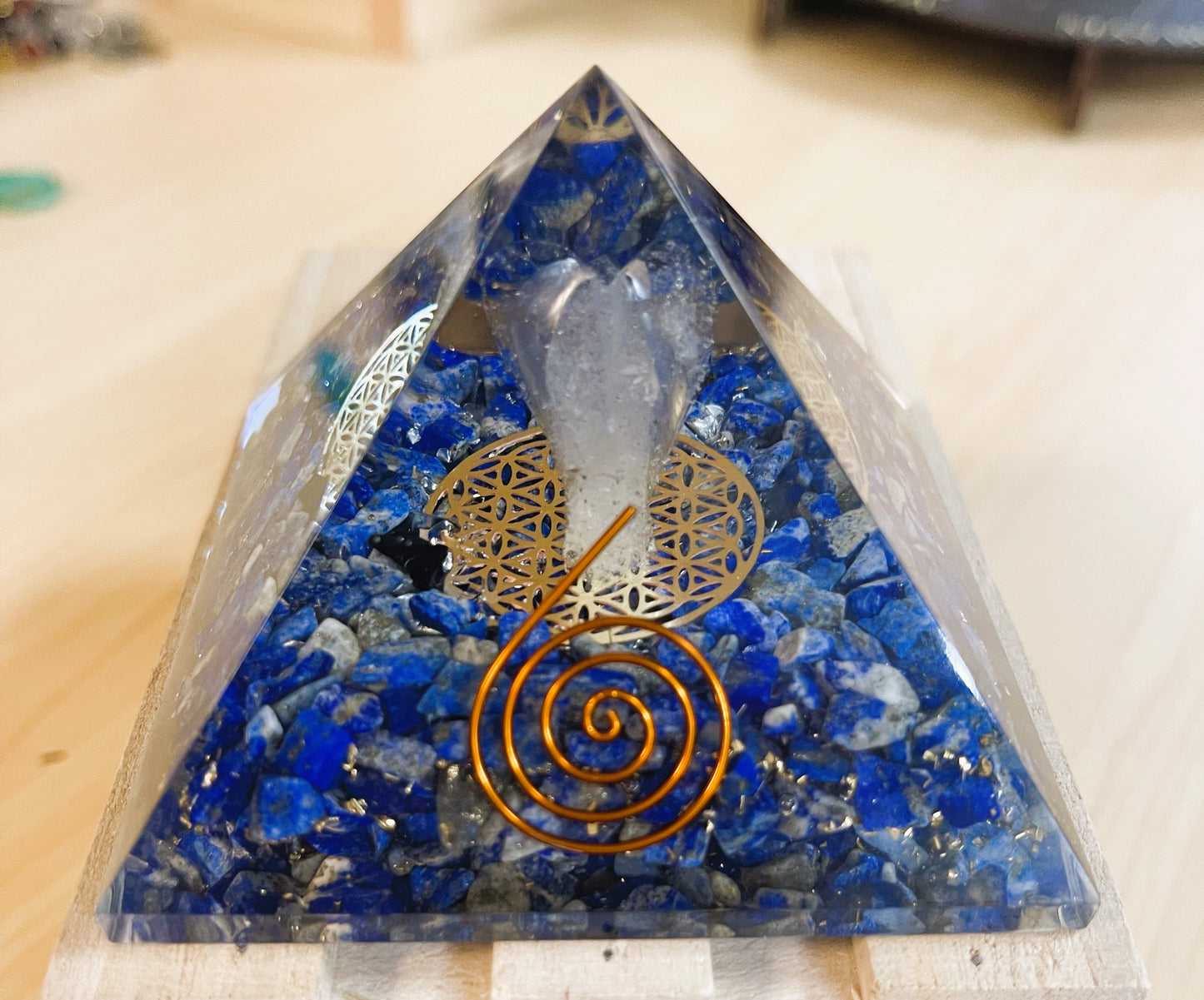 Lapis Orgonite Pyramid with Clear Quartz Crystal Angel and Copper Coil