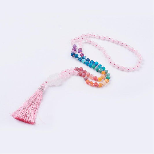 Rose Quartz Mala and Frosted Natural Weathered Agate with Tassel & Quartz Crystal