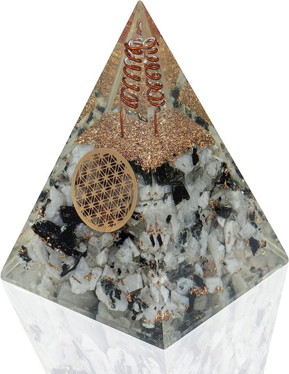 Rainbow Moonstone Nubian Orgonite Pyramid with Clear Quartz Crystal and Copper Coil