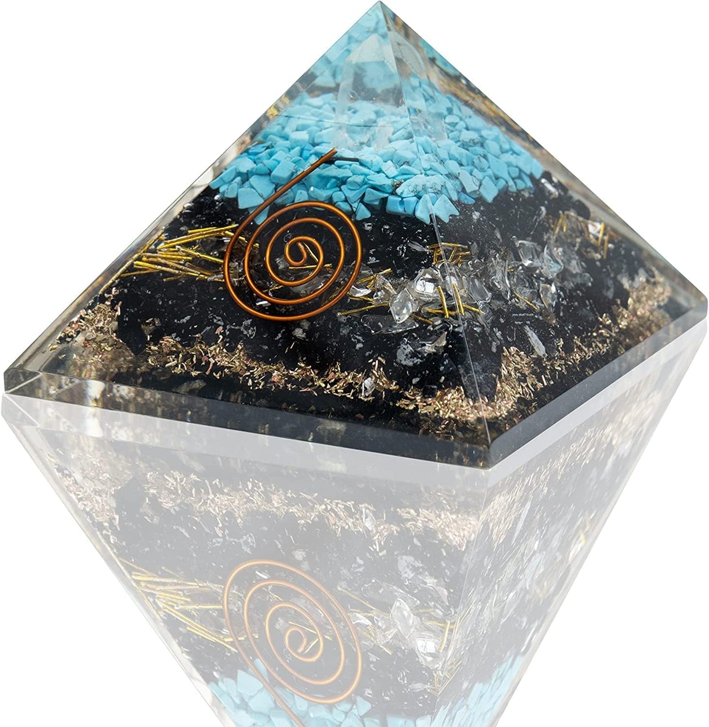 Turquoise Black Tourmaline Orgonite Pyramid with Clear Quartz Crystal and Copper Coil