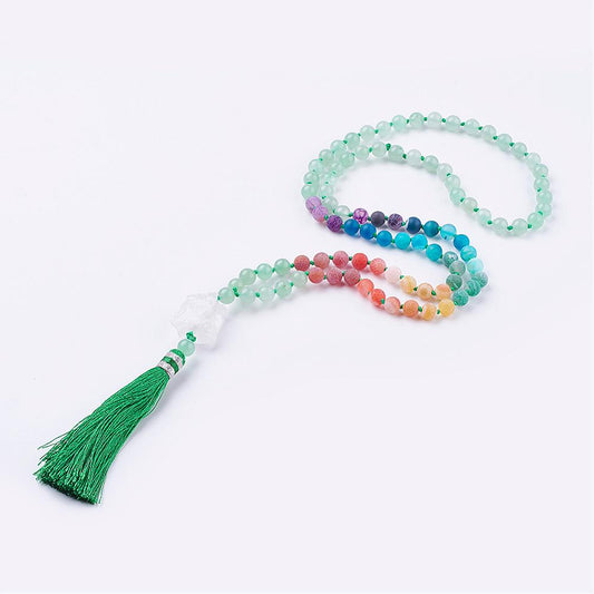 Green Aventurine Mala and Frosted Natural Weathered Agate with Tassel & Quartz Crystal