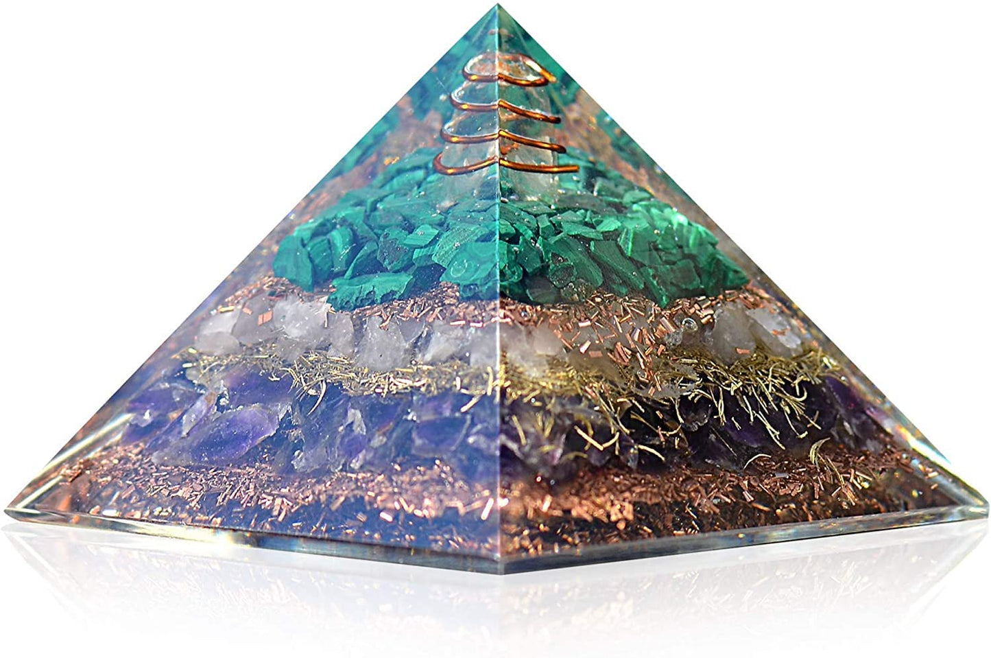 Malachite Rose Quartz Amethyst Orgonite Pyramid with Clear Quartz Crystal and Copper Coil