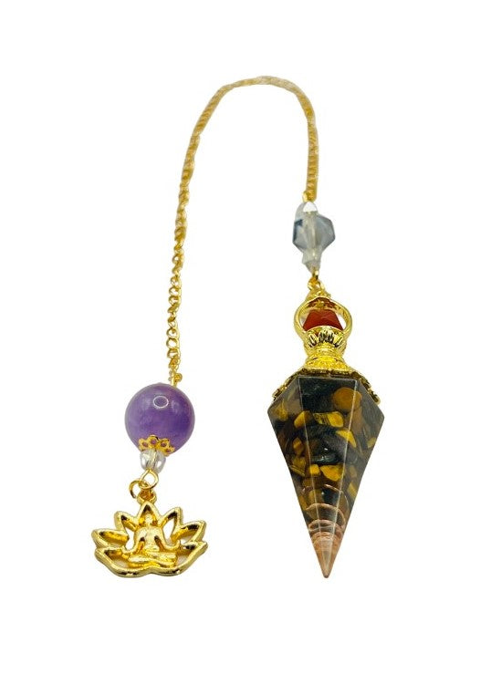 Tigers Eye Gemstone Pointed Golden Pendulum