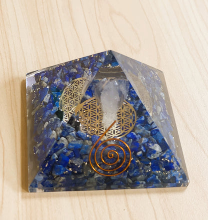 Lapis Orgonite Pyramid with Clear Quartz Crystal Angel and Copper Coil