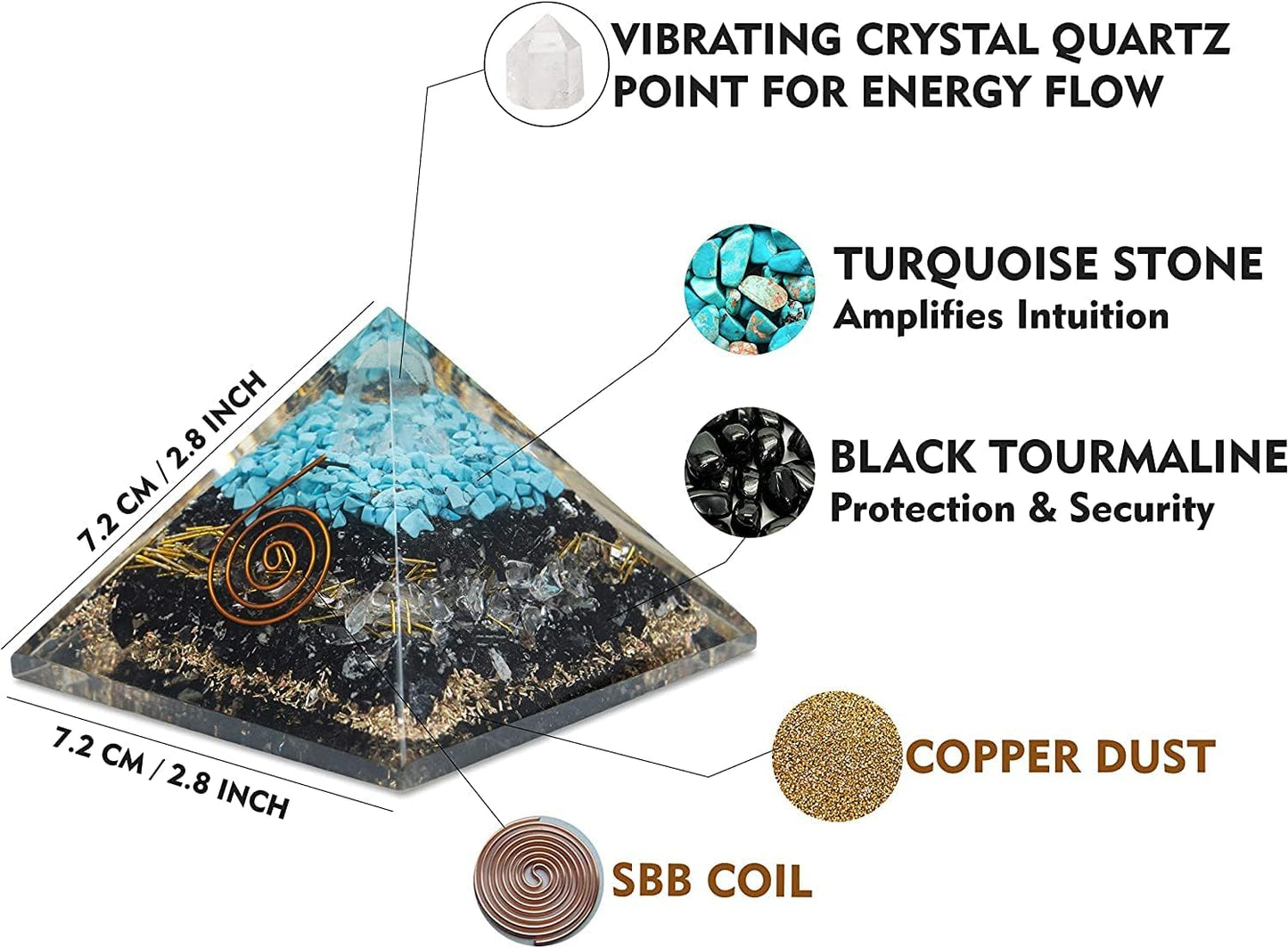 Turquoise Black Tourmaline Orgonite Pyramid with Clear Quartz Crystal and Copper Coil