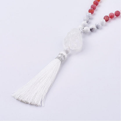 White Howlite Mala and Frosted Natural Weathered Agate with Tassel & Quartz Crystal