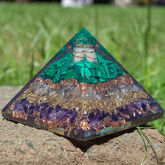Malachite Rose Quartz Amethyst Orgonite Pyramid with Clear Quartz Crystal and Copper Coil