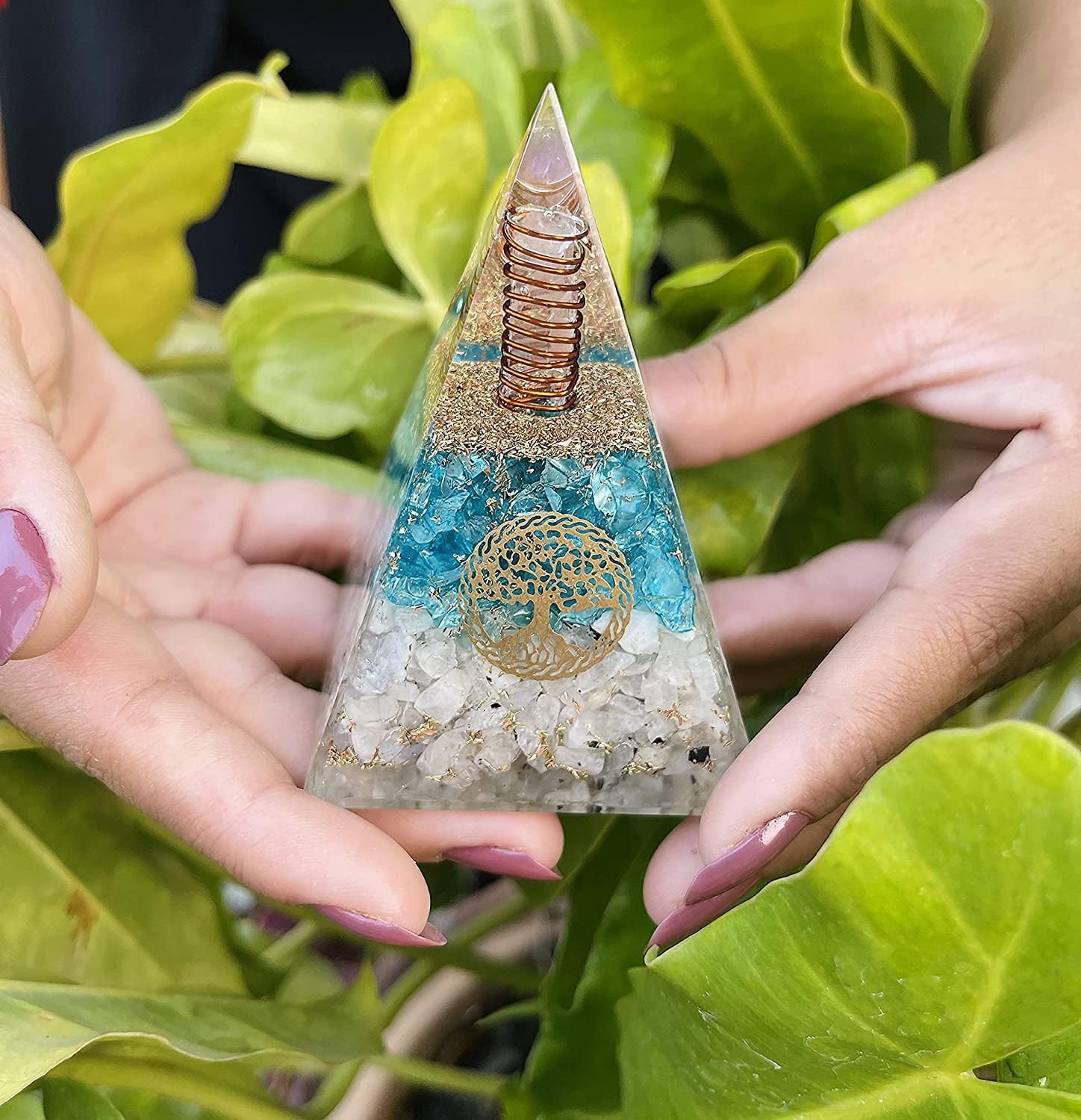 Aquamarine-Moonstone-Nubian-Tree-of-Life-Orgonite-Pyramid-with-Clear-Quarz-Crystal-and-Copper-Coil