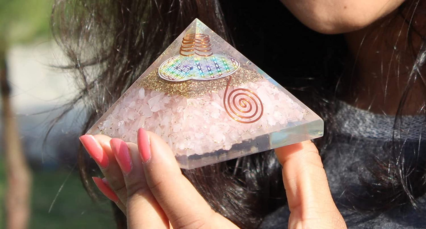 Rose Quartz Orgonite Pyramid with Clear Quartz Crystal and Copper Coil