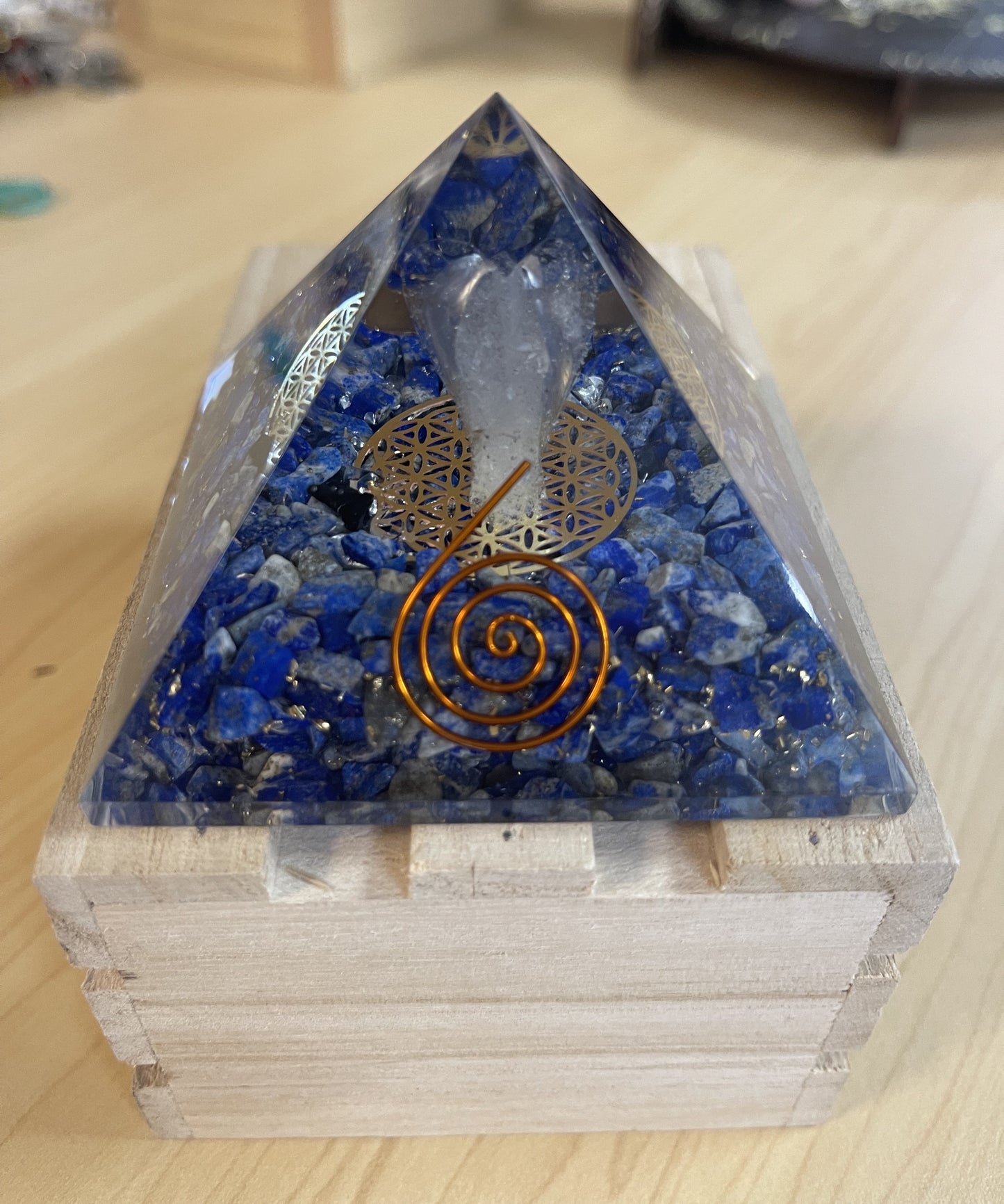 Lapis Orgonite Pyramid with Clear Quartz Crystal Angel and Copper Coil