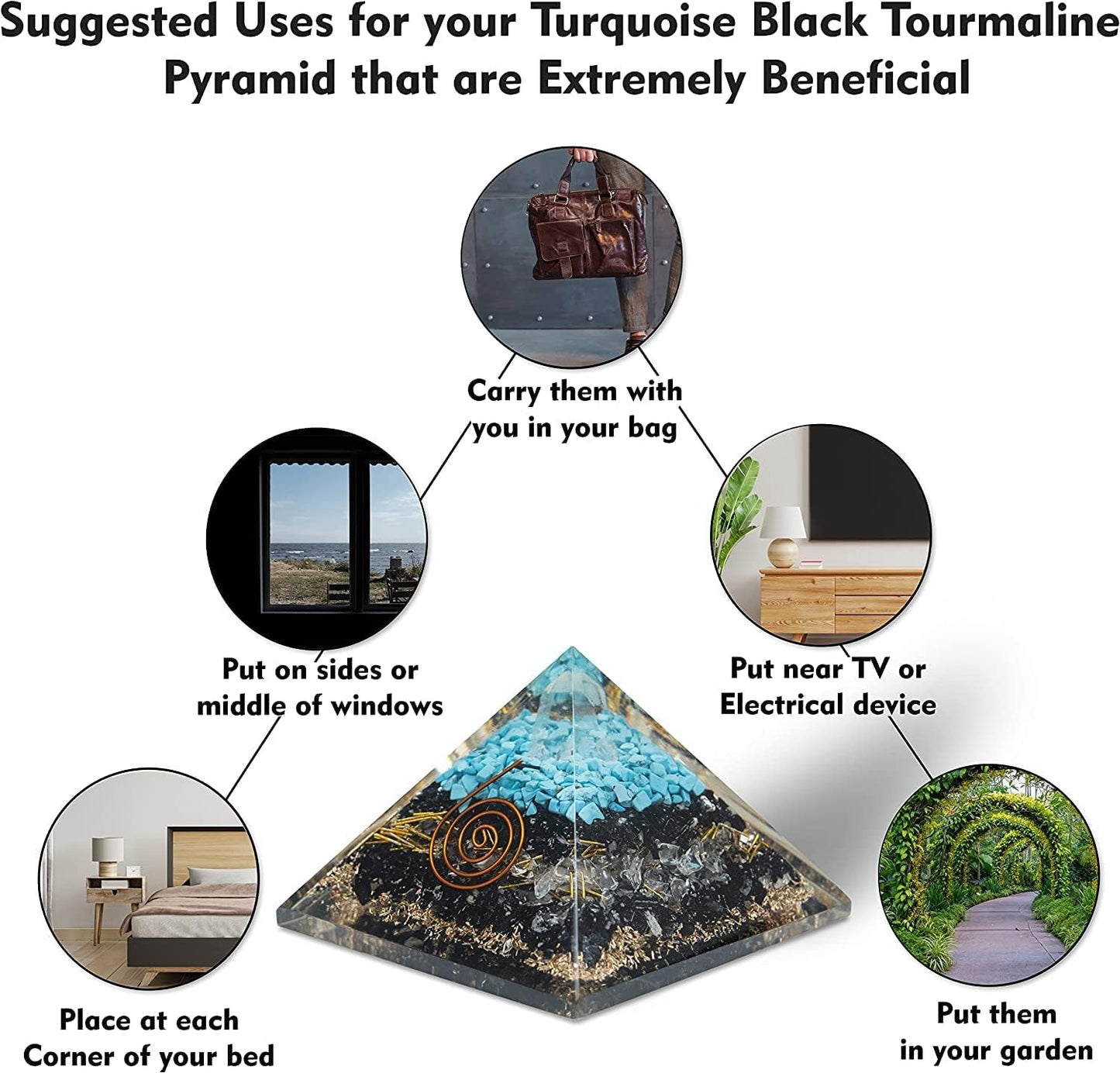 Turquoise Black Tourmaline Orgonite Pyramid with Clear Quartz Crystal and Copper Coil