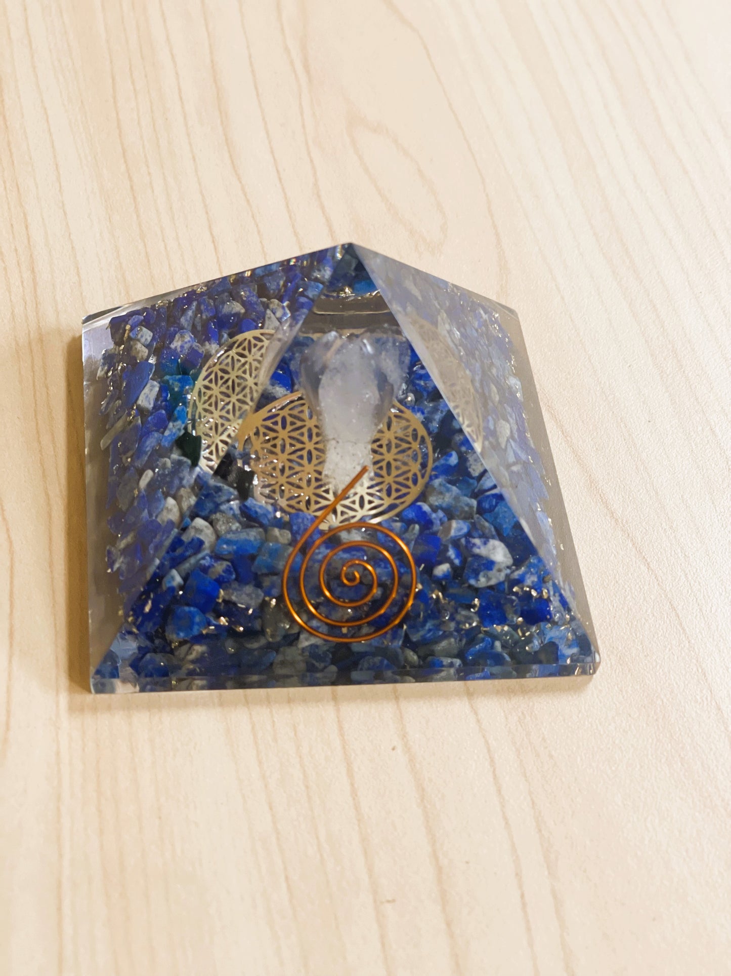 Lapis Orgonite Pyramid with Clear Quartz Crystal Angel and Copper Coil