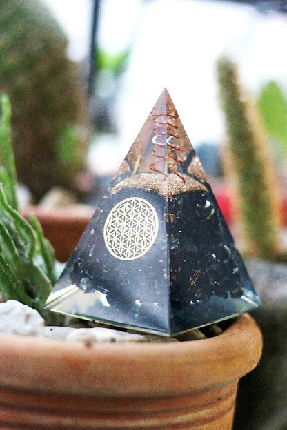 Black Tourmaline Nubian Orgonite Pyramid with Clear Quartz Crystal and Copper Coil