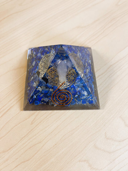 Lapis Orgonite Pyramid with Clear Quartz Crystal Angel and Copper Coil