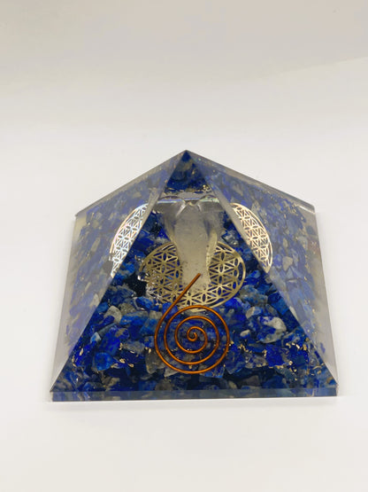 Lapis Orgonite Pyramid with Clear Quartz Crystal Angel and Copper Coil