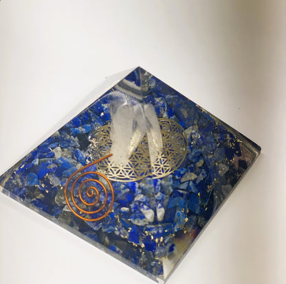 Lapis Orgonite Pyramid with Clear Quartz Crystal Angel and Copper Coil