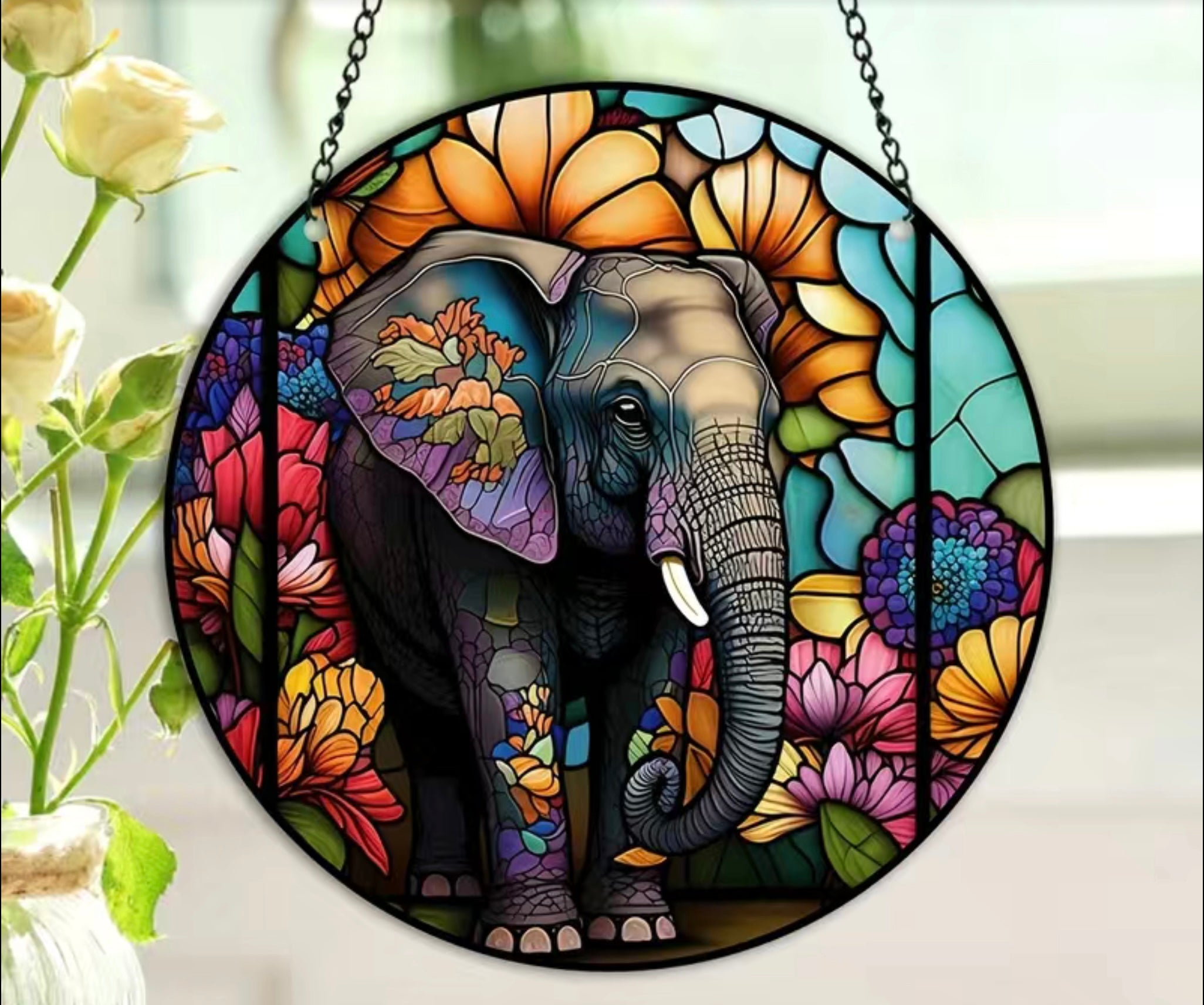 Elephant in Stained Glass, Stained Glass top Elephant, Elephant Suncatcher, Elephant Glass Art