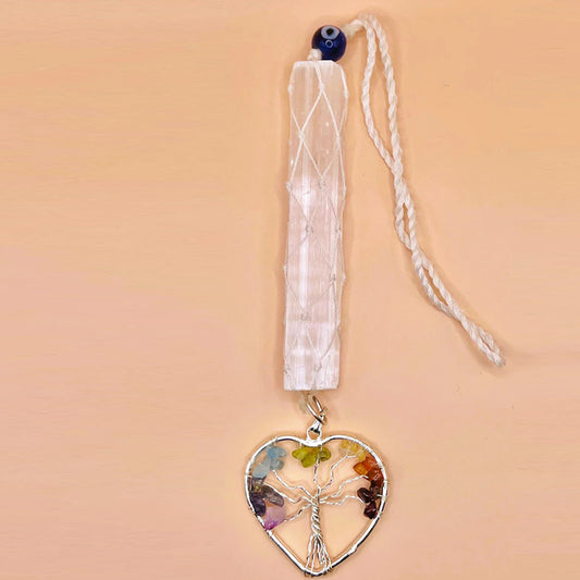 Selenite Sun Catcher Evil Eye in White Thread with Chakra Heart Tree of Life